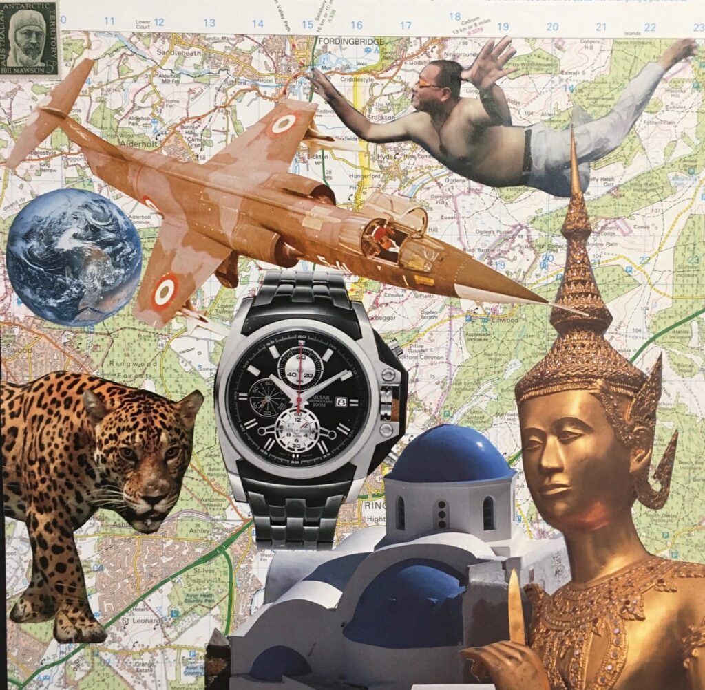 collage with tiger, watch, plane