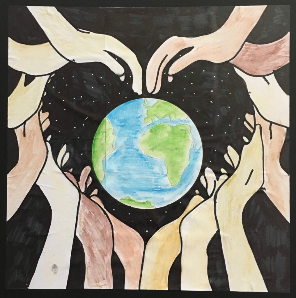 drawing of world with hands around it in a heart shape