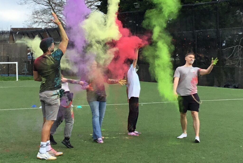 Colour run activity on the pitch